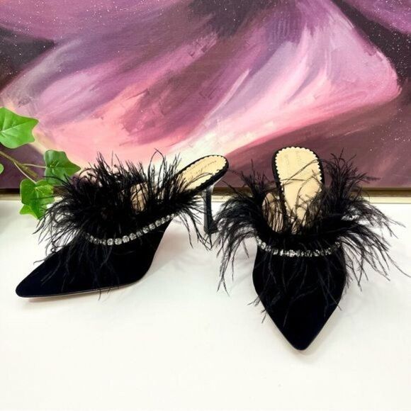 Antonio Melani x Nicola Bathie Liz Ostrich Feathers Rhinestone Suede Dress Mules - Picture 7 of 14